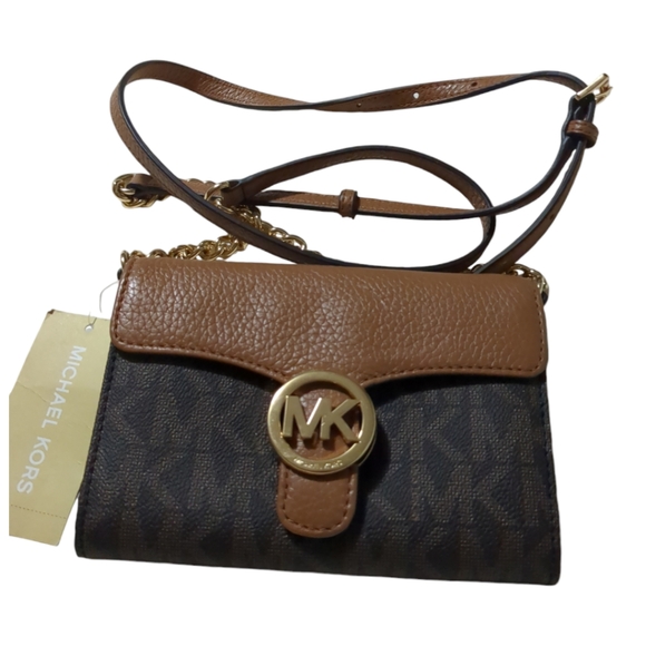 *New*Michael Kors Monogram Black & Tan Leather Crossbody Purse - Picture 1 of 16
